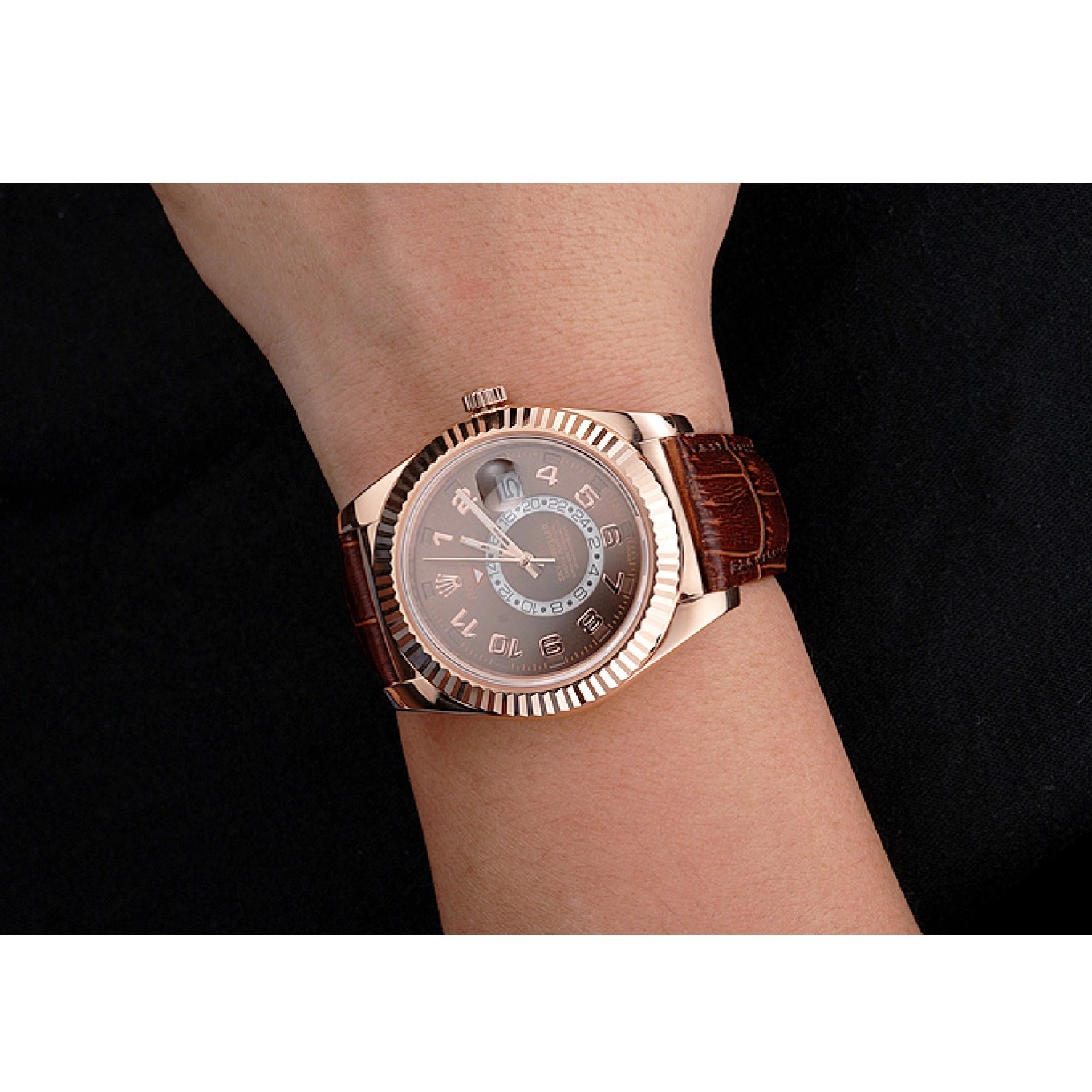 Good Copy Rolex Watches Case Strap Gold Dweller Rose Brown Leather Sky Rolex Brown Dial 0801